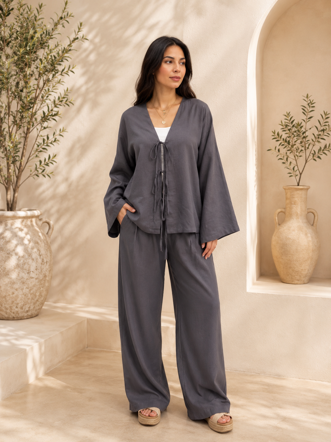 Ribbons Linen Set - Dark grey