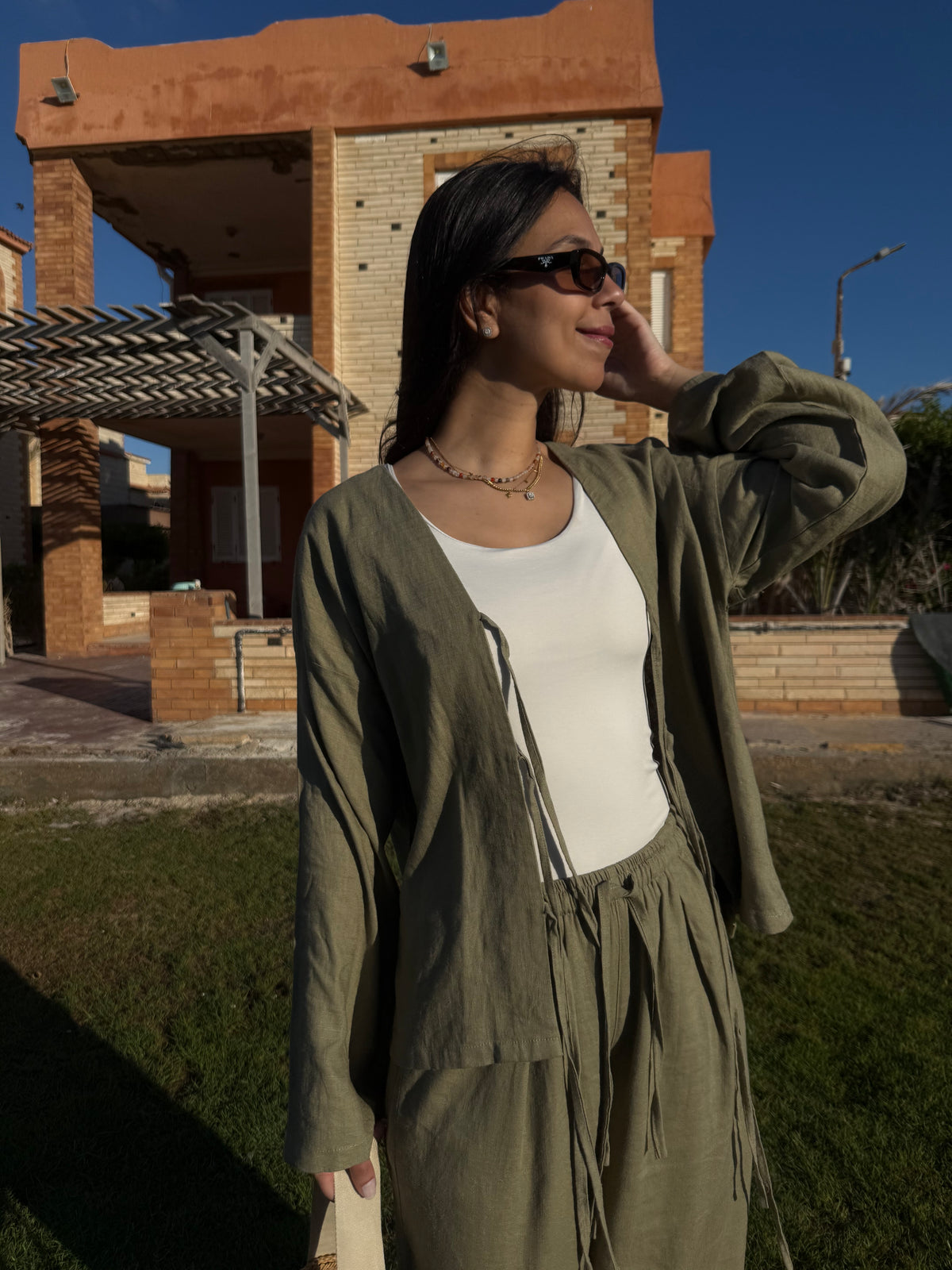 Linen Ribbons top - Olive