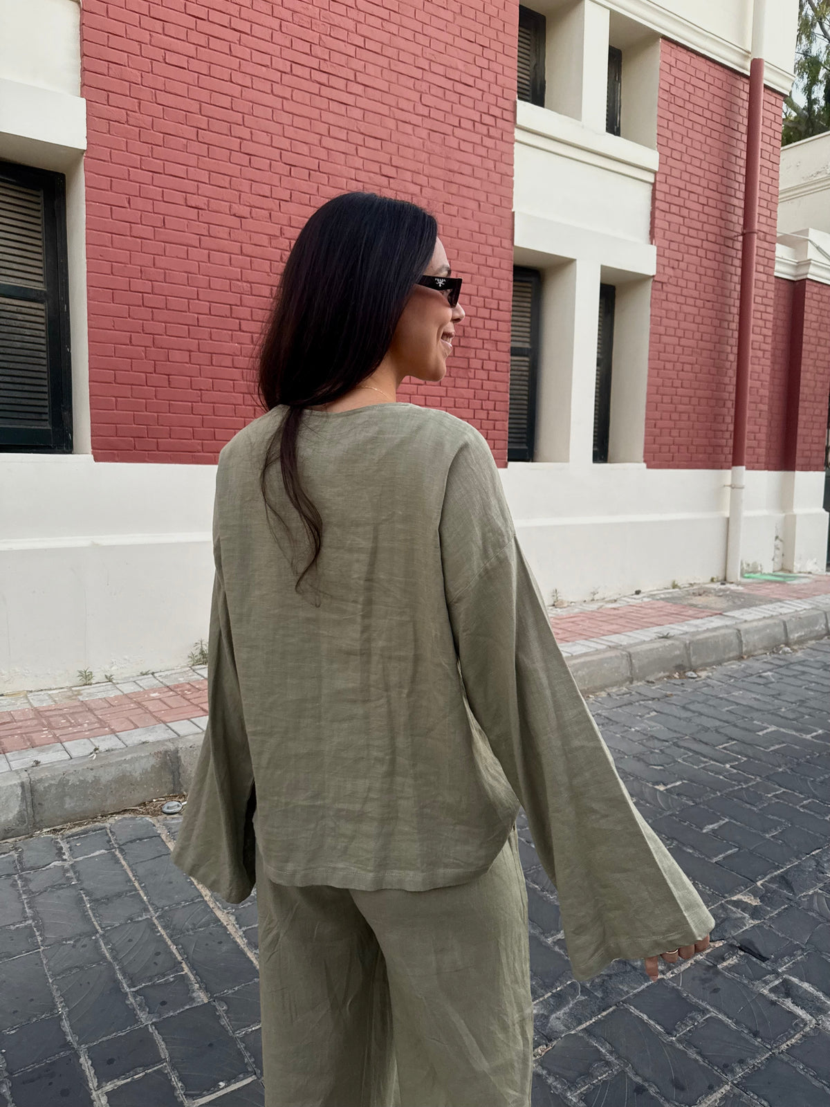 Linen Ribbons top - Olive